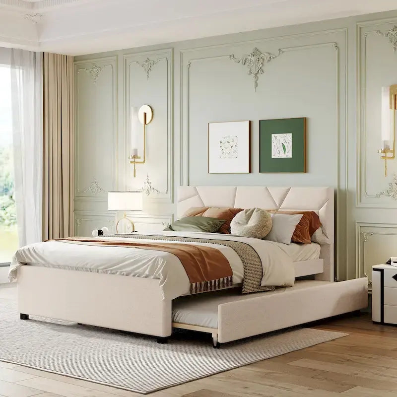 Linen Upholstered Platform Bed with Trundle and Brick Pattern Headboard - Twin/Full/Queen