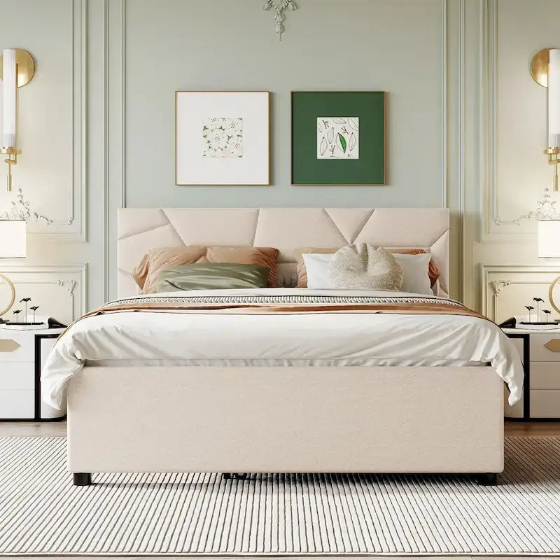 Linen Upholstered Platform Bed with Trundle and Brick Pattern Headboard - Twin/Full/Queen
