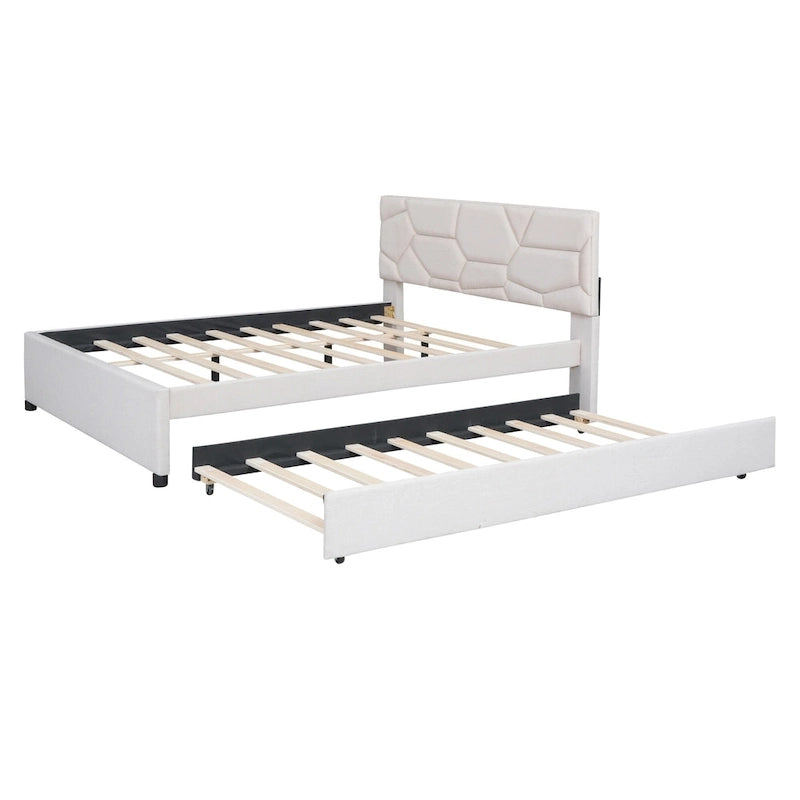 Linen Upholstered Platform Bed with Trundle and Brick Pattern Headboard - Twin/Full/Queen