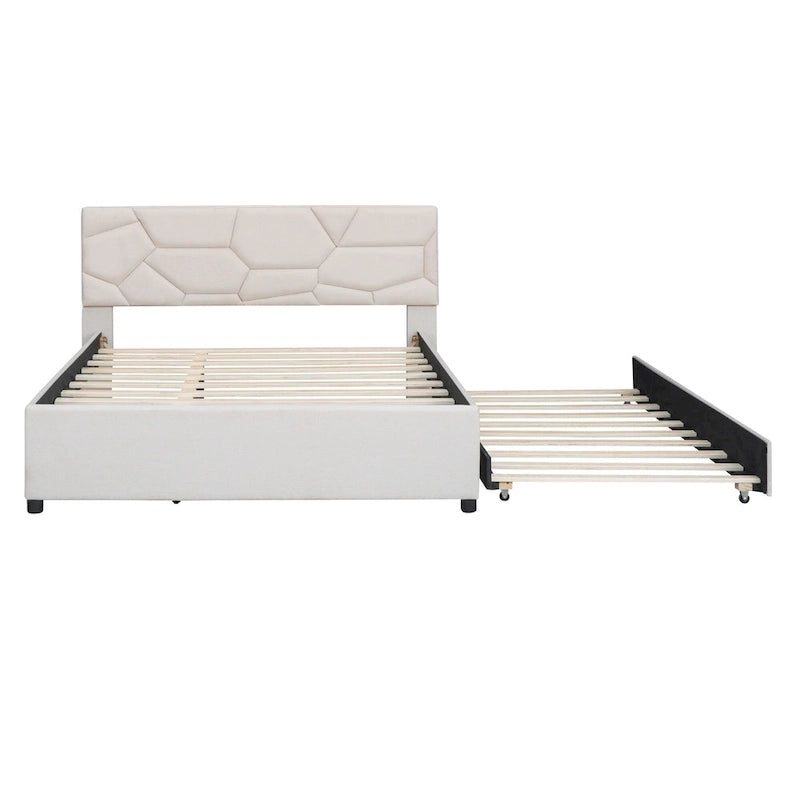 Linen Upholstered Platform Bed with Trundle and Brick Pattern Headboard - Twin/Full/Queen