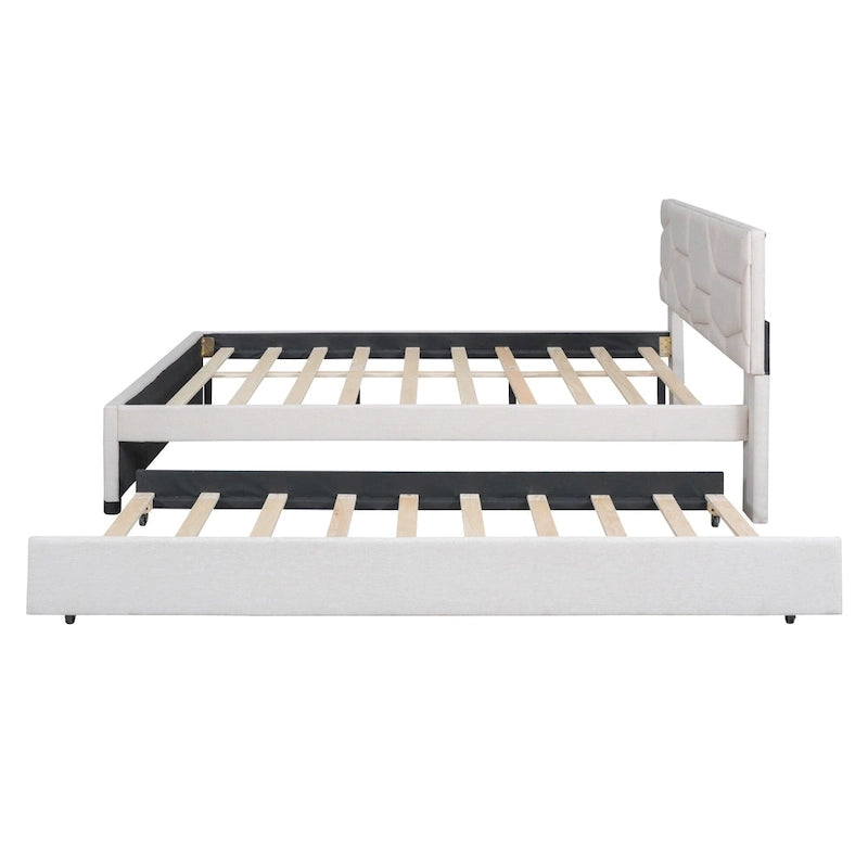 Linen Upholstered Platform Bed with Trundle and Brick Pattern Headboard - Twin/Full/Queen
