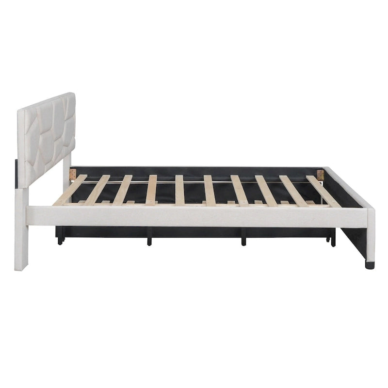 Linen Upholstered Platform Bed with Trundle and Brick Pattern Headboard - Twin/Full/Queen