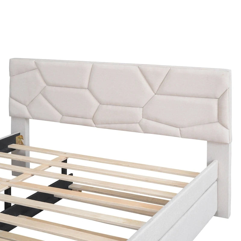 Linen Upholstered Platform Bed with Trundle and Brick Pattern Headboard - Twin/Full/Queen