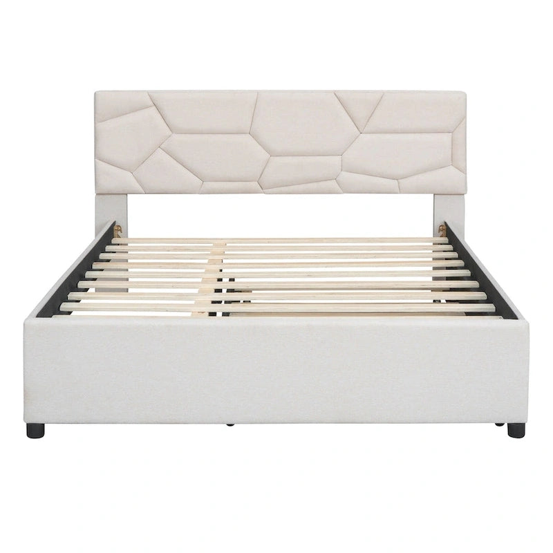 Linen Upholstered Platform Bed with Trundle and Brick Pattern Headboard - Twin/Full/Queen