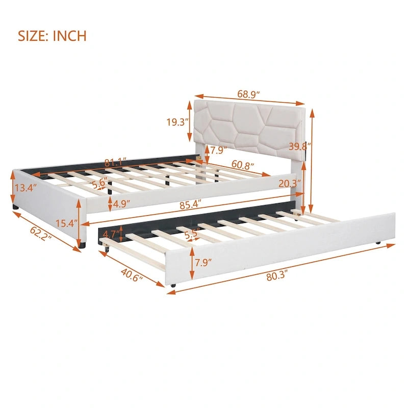 Linen Upholstered Platform Bed with Trundle and Brick Pattern Headboard - Twin/Full/Queen