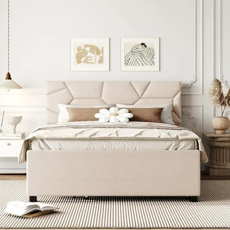 Linen Upholstered Platform Bed with Trundle and Brick Pattern Headboard - Twin/Full/Queen
