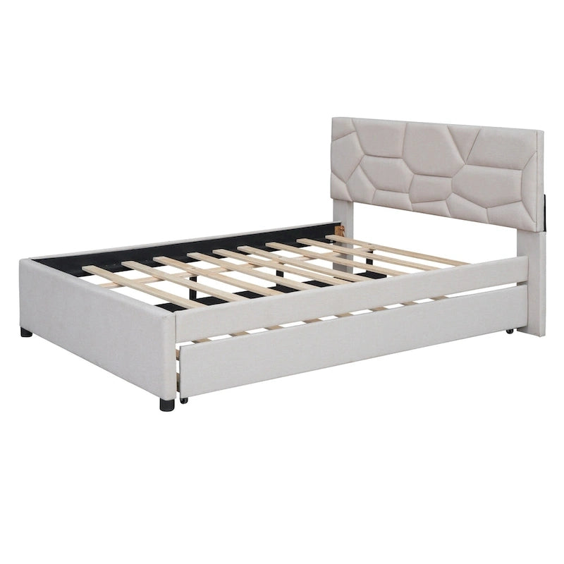Linen Upholstered Platform Bed with Trundle and Brick Pattern Headboard - Twin/Full/Queen