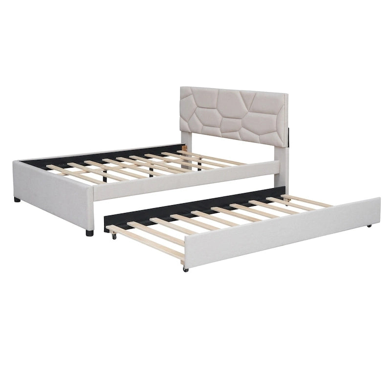 Linen Upholstered Platform Bed with Trundle and Brick Pattern Headboard - Twin/Full/Queen
