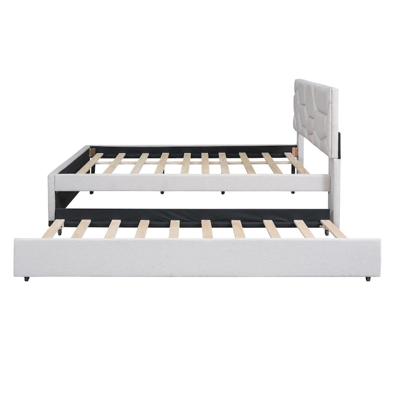 Linen Upholstered Platform Bed with Trundle and Brick Pattern Headboard - Twin/Full/Queen