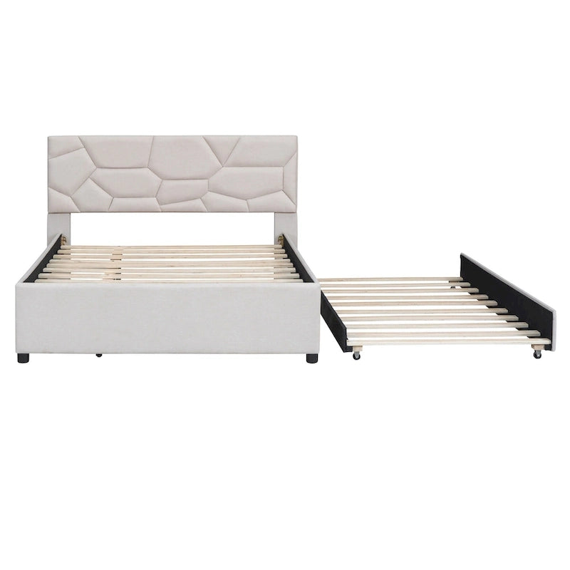 Linen Upholstered Platform Bed with Trundle and Brick Pattern Headboard - Twin/Full/Queen