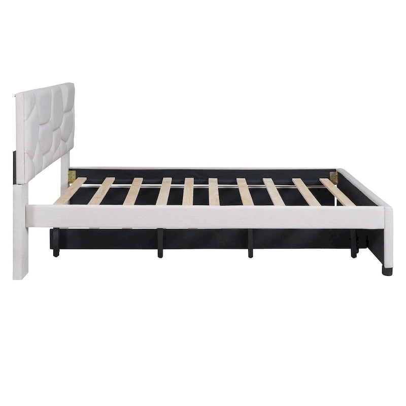 Linen Upholstered Platform Bed with Trundle and Brick Pattern Headboard - Twin/Full/Queen