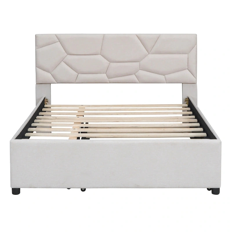 Linen Upholstered Platform Bed with Trundle and Brick Pattern Headboard - Twin/Full/Queen