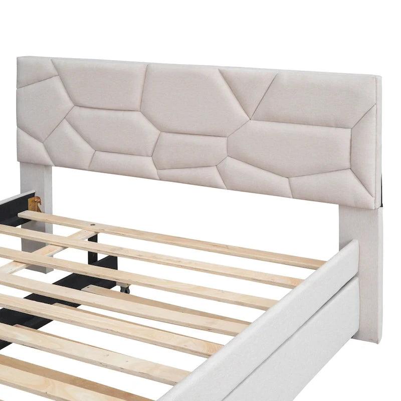 Linen Upholstered Platform Bed with Trundle and Brick Pattern Headboard - Twin/Full/Queen