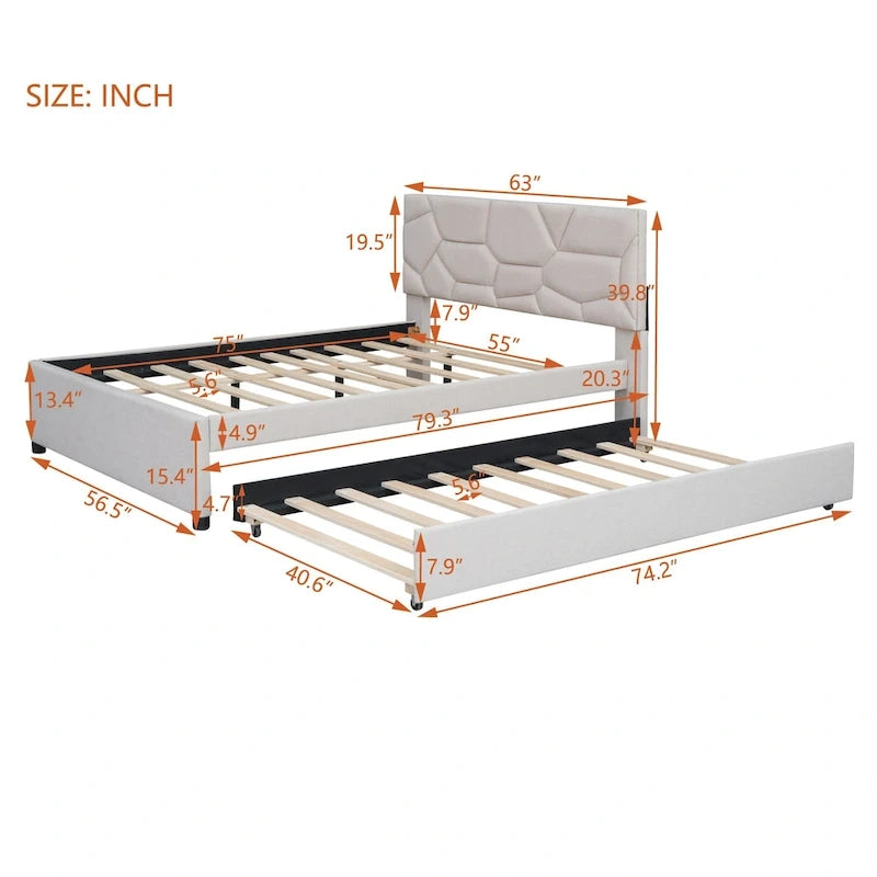 Linen Upholstered Platform Bed with Trundle and Brick Pattern Headboard - Twin/Full/Queen