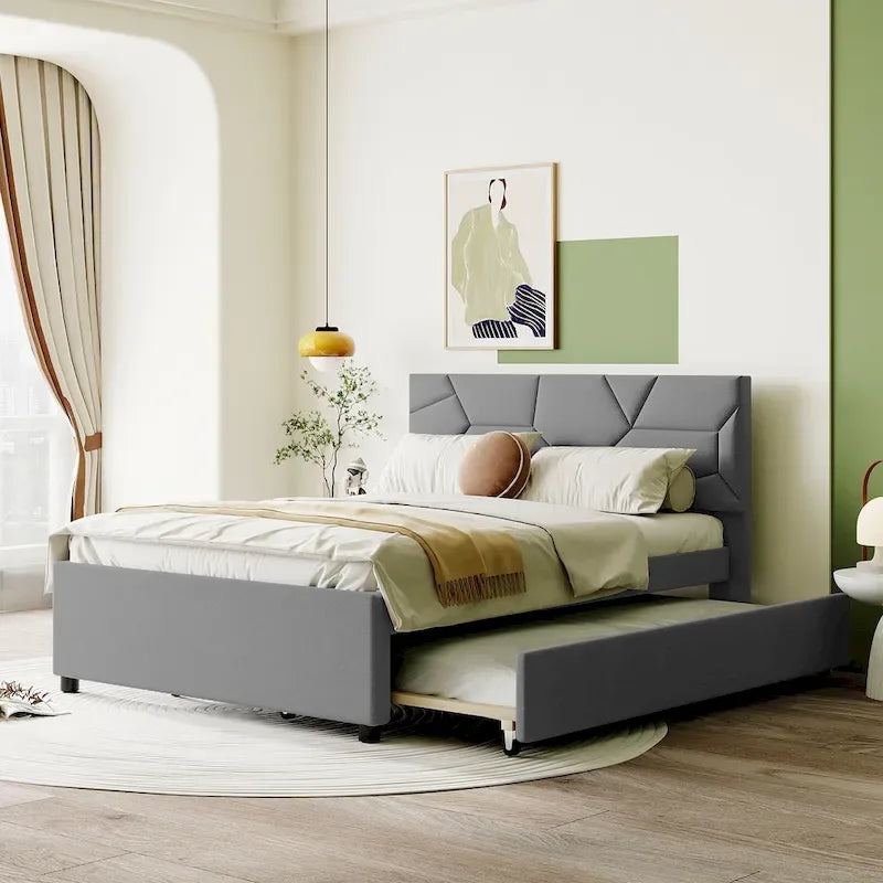 Linen Upholstered Platform Bed with Trundle and Brick Pattern Headboard - Twin/Full/Queen