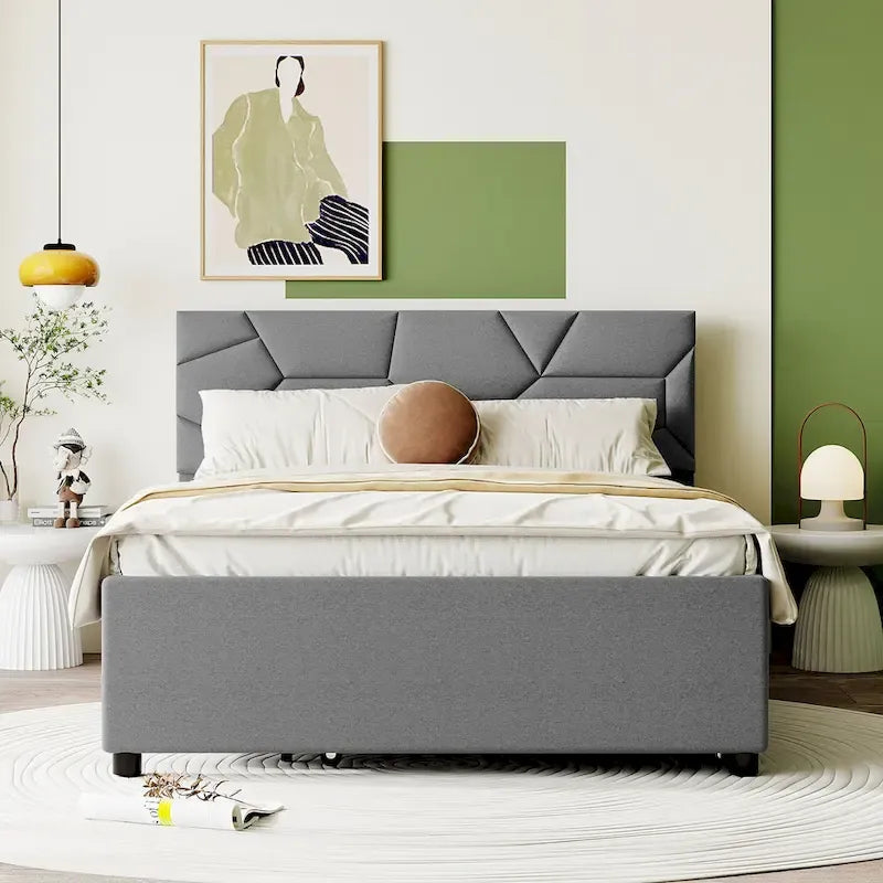 Linen Upholstered Platform Bed with Trundle and Brick Pattern Headboard - Twin/Full/Queen