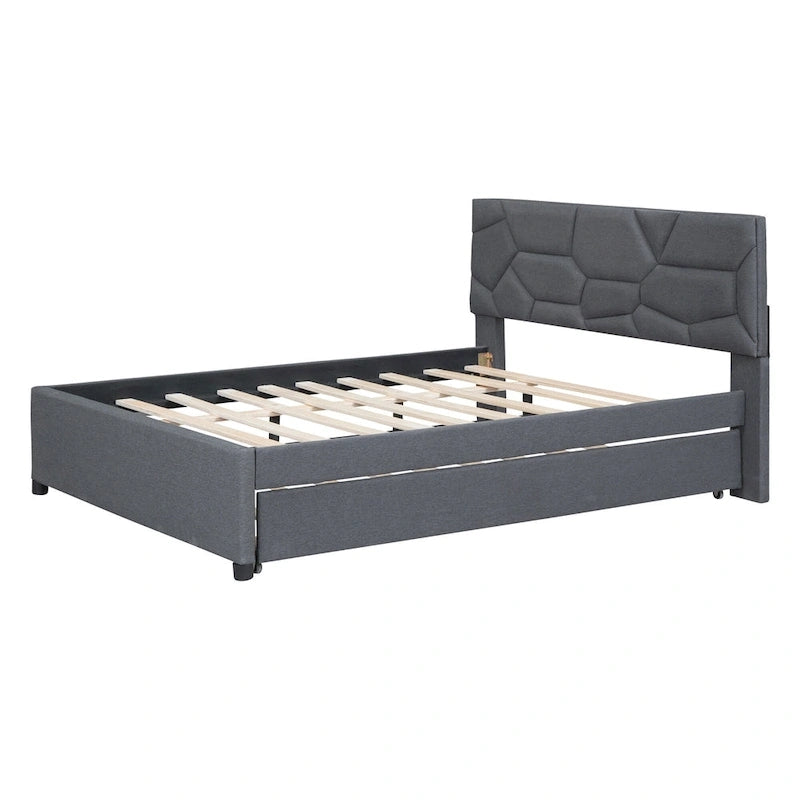 Linen Upholstered Platform Bed with Trundle and Brick Pattern Headboard - Twin/Full/Queen