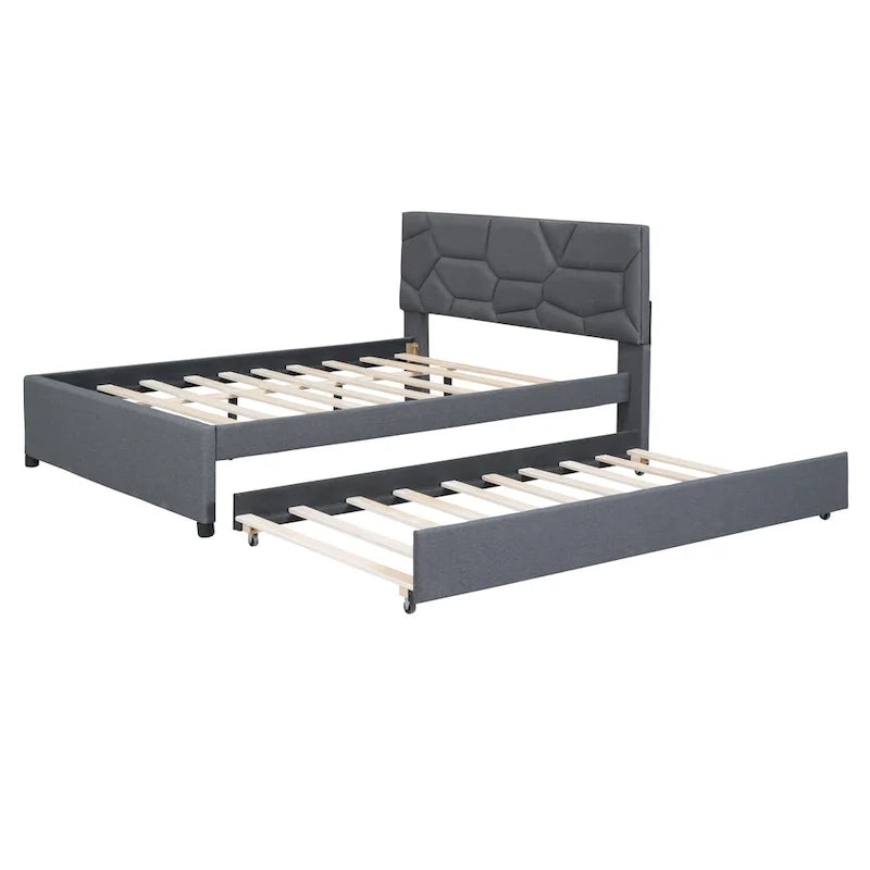 Linen Upholstered Platform Bed with Trundle and Brick Pattern Headboard - Twin/Full/Queen