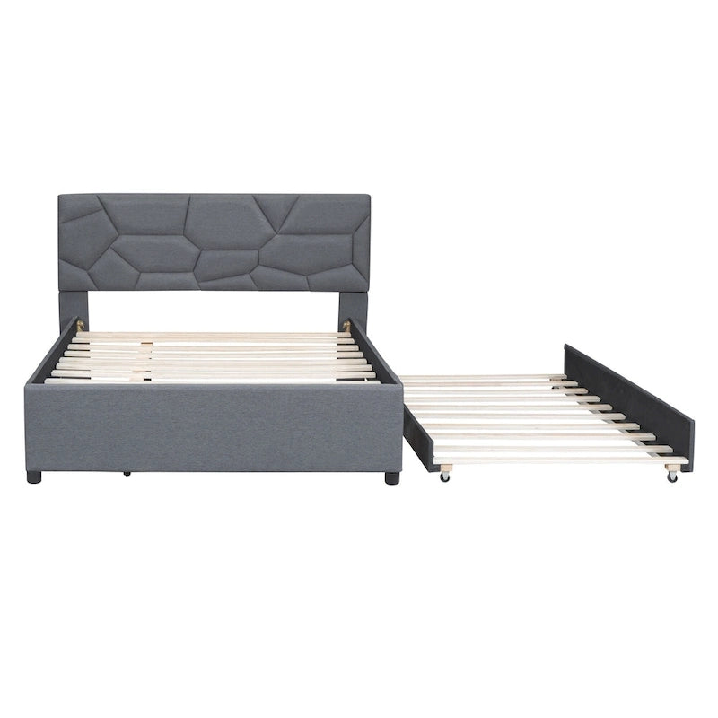 Linen Upholstered Platform Bed with Trundle and Brick Pattern Headboard - Twin/Full/Queen