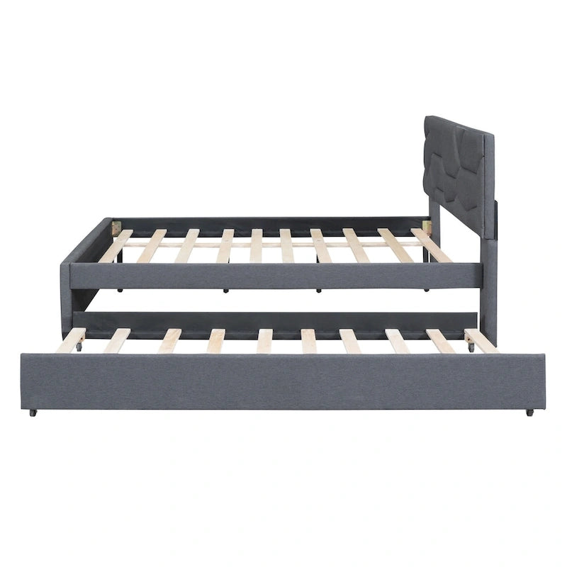 Linen Upholstered Platform Bed with Trundle and Brick Pattern Headboard - Twin/Full/Queen