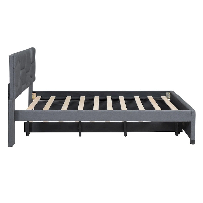 Linen Upholstered Platform Bed with Trundle and Brick Pattern Headboard - Twin/Full/Queen