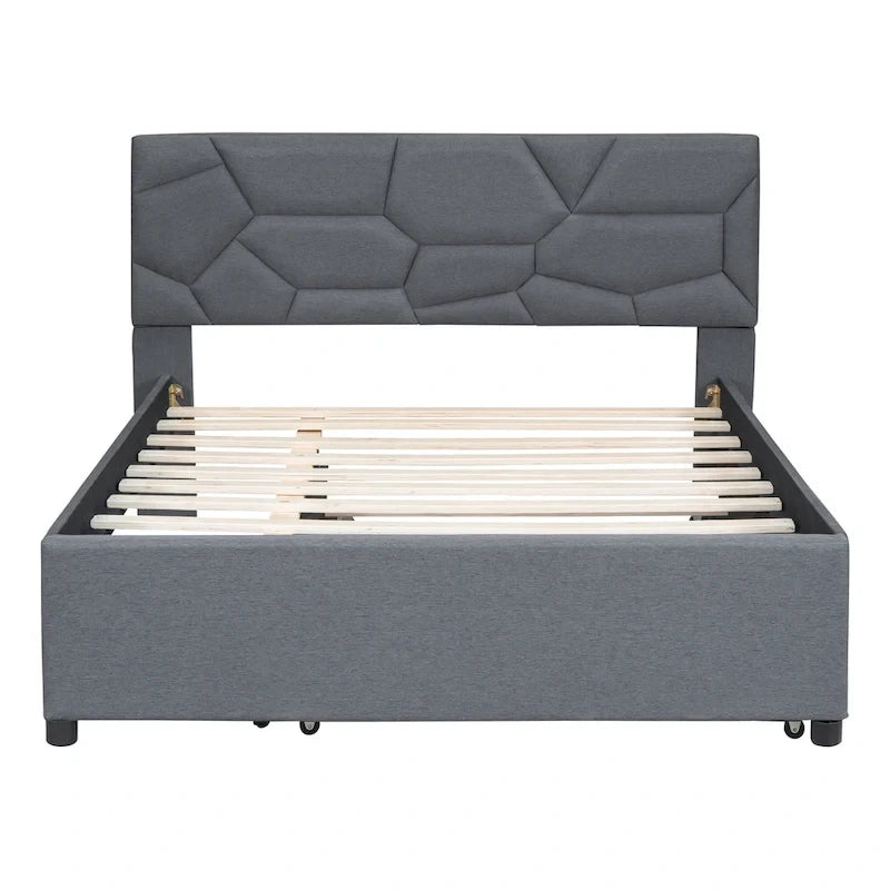 Linen Upholstered Platform Bed with Trundle and Brick Pattern Headboard - Twin/Full/Queen