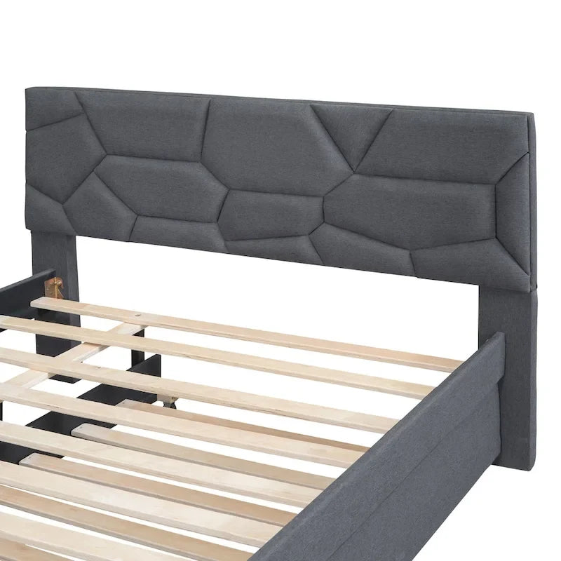 Linen Upholstered Platform Bed with Trundle and Brick Pattern Headboard - Twin/Full/Queen