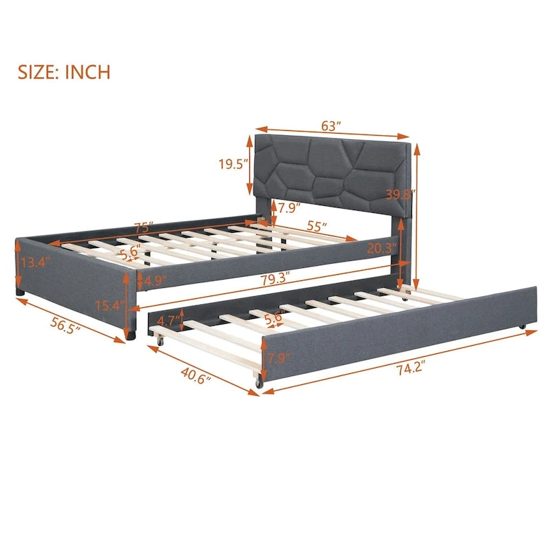 Linen Upholstered Platform Bed with Trundle and Brick Pattern Headboard - Twin/Full/Queen