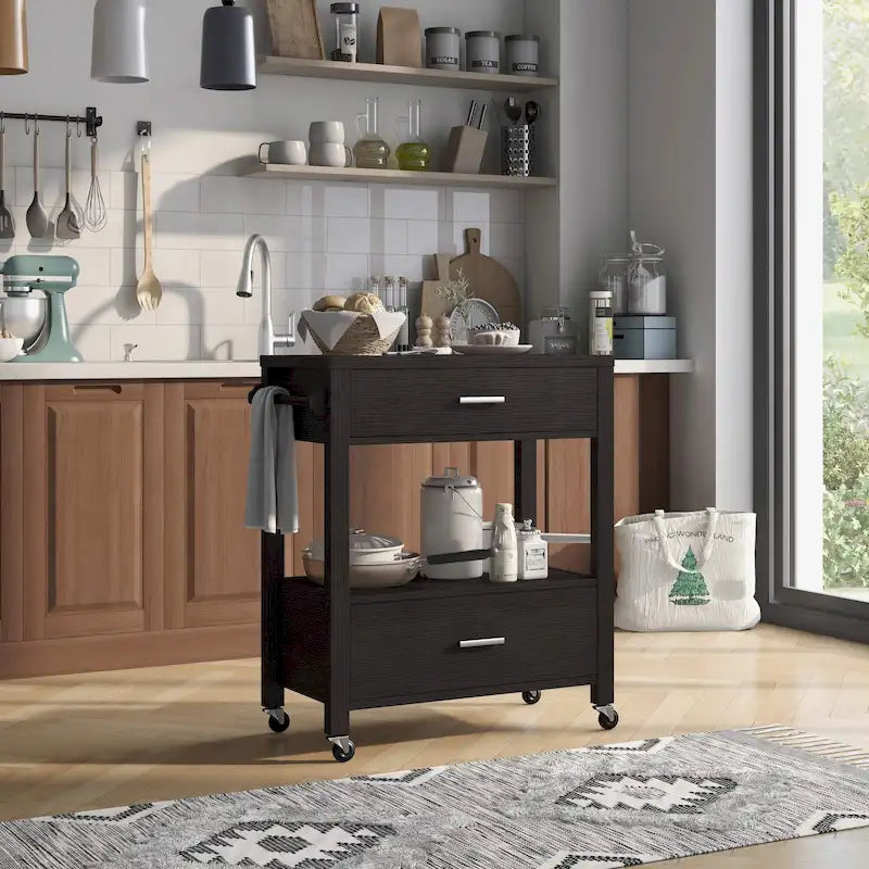 Modern 2-Drawer Serving Cart with Towel Bar and Caster Wheels - Multiple Colors