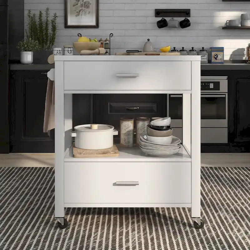 Modern 2-Drawer Serving Cart with Towel Bar and Caster Wheels - Multiple Colors