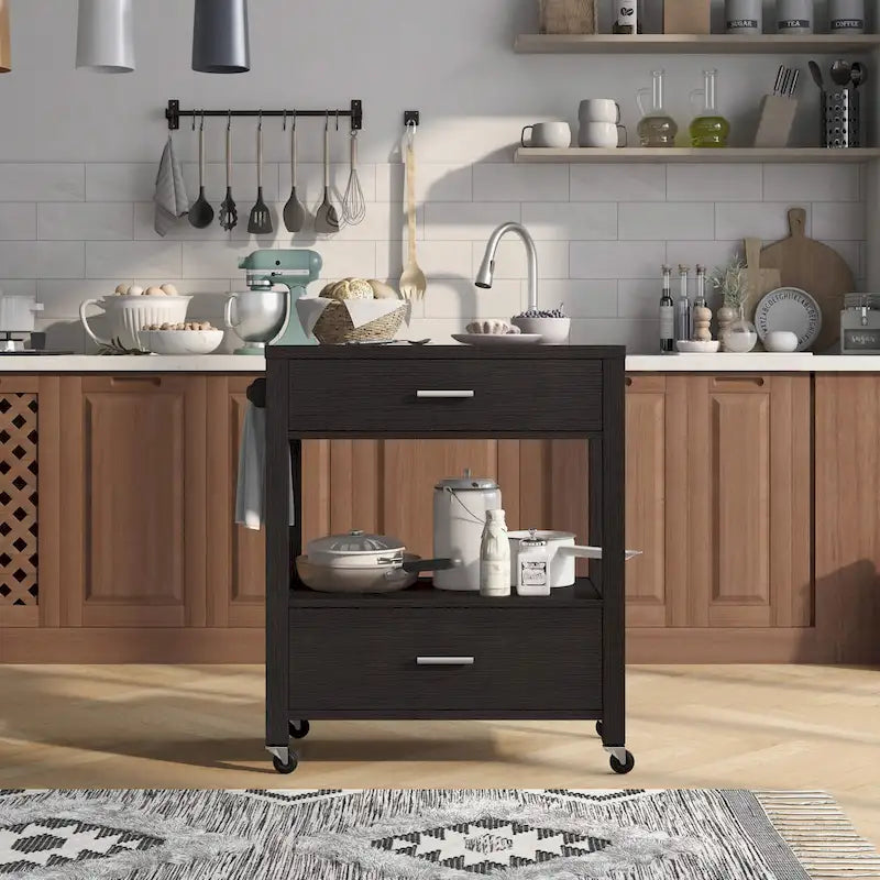 Modern 2-Drawer Serving Cart with Towel Bar and Caster Wheels - Multiple Colors