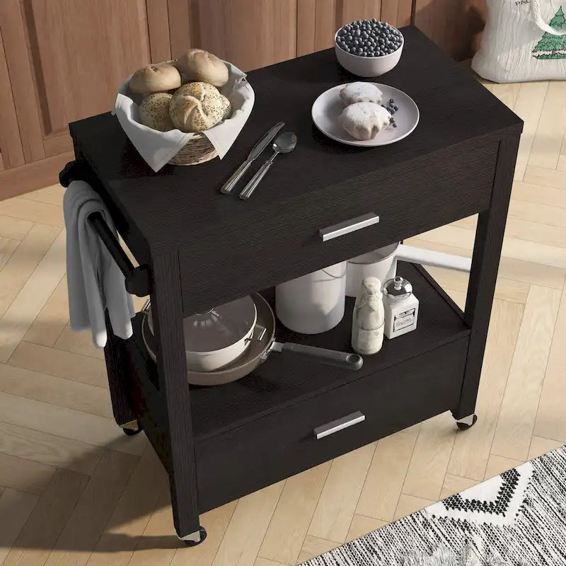 Modern 2-Drawer Serving Cart with Towel Bar and Caster Wheels - Multiple Colors