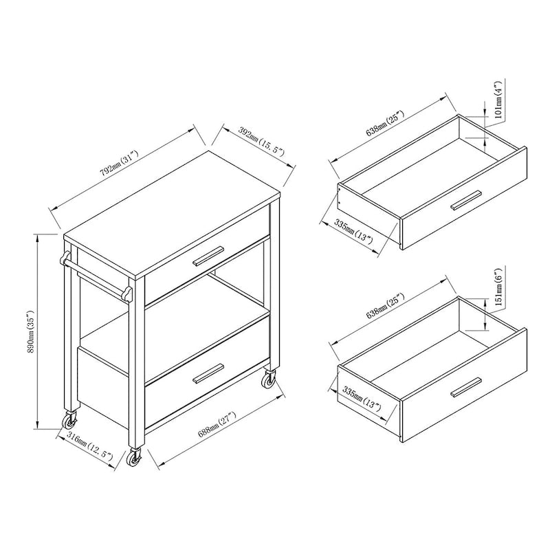 Modern 2-Drawer Serving Cart with Towel Bar and Caster Wheels - Multiple Colors