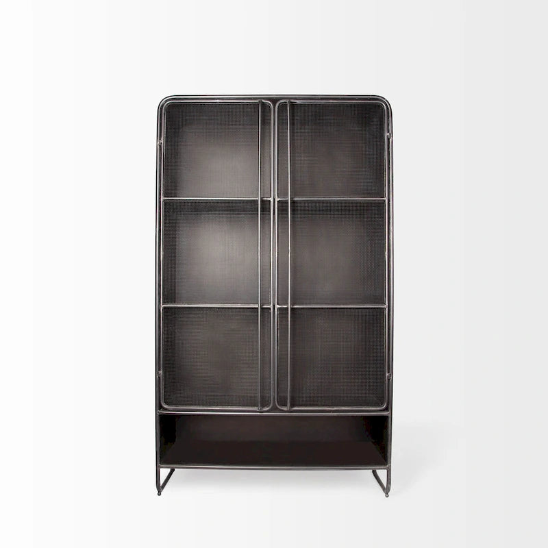 Dark Brown Metal Storage Cabinet with Mesh Doors and Open Bottom Shelf
