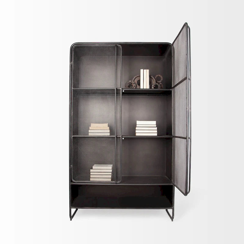 Dark Brown Metal Storage Cabinet with Mesh Doors and Open Bottom Shelf