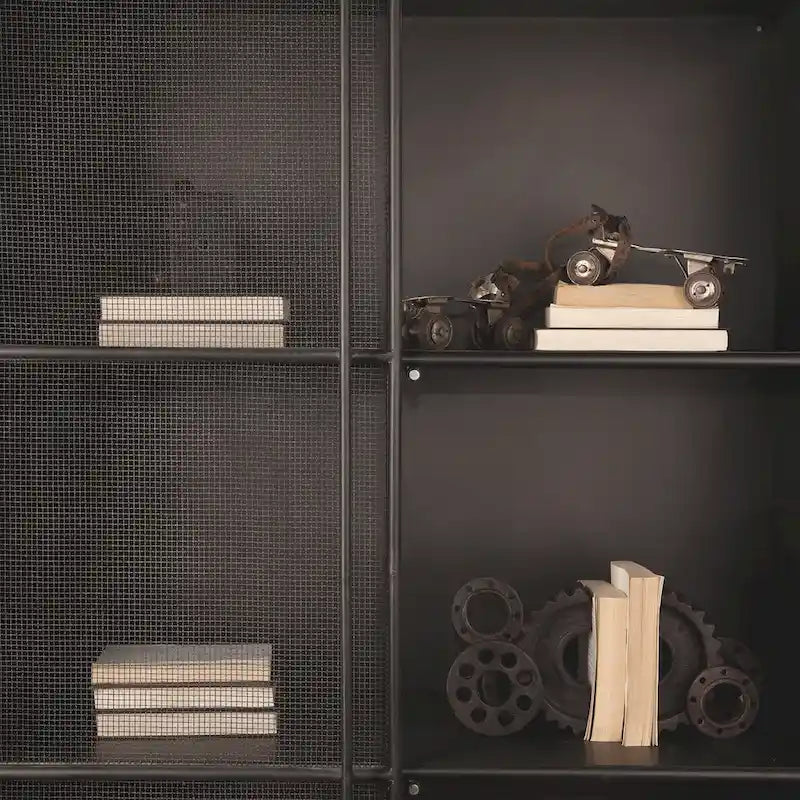 Dark Brown Metal Storage Cabinet with Mesh Doors and Open Bottom Shelf