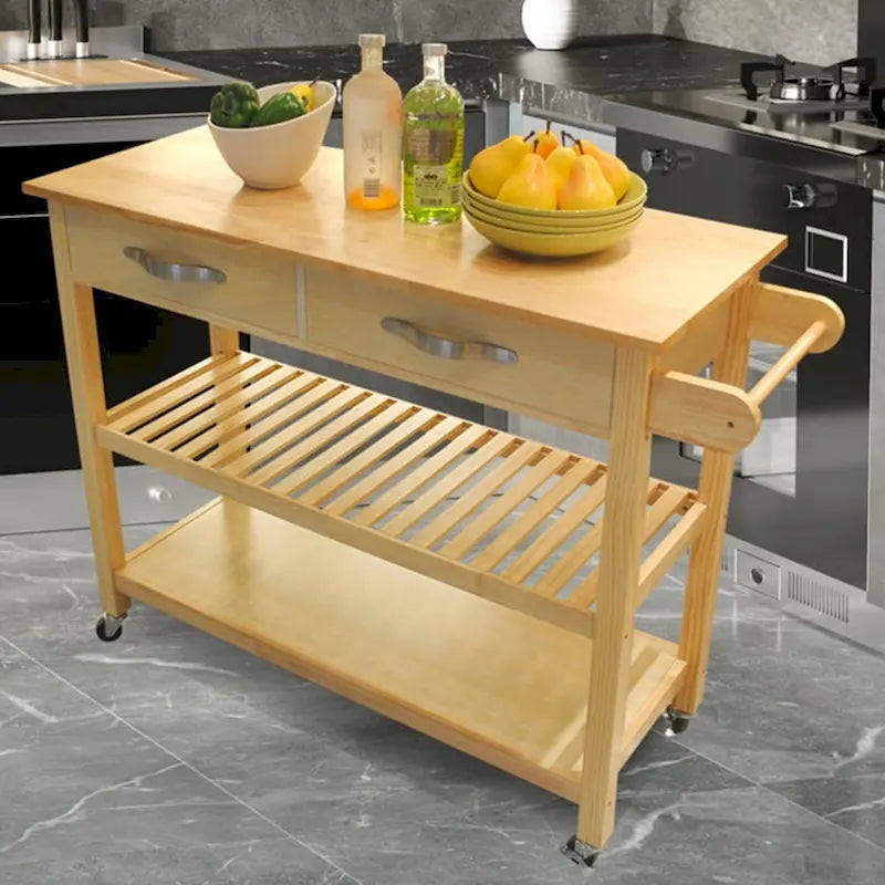 45-Inch Rolling Kitchen Island Cart with 2 Drawers and Open Storage Shelves - 45 x 17 x 35 inches