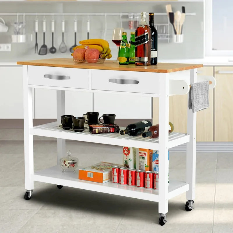 45-Inch Rolling Kitchen Island Cart with 2 Drawers and Open Storage Shelves - 45 x 17 x 35 inches