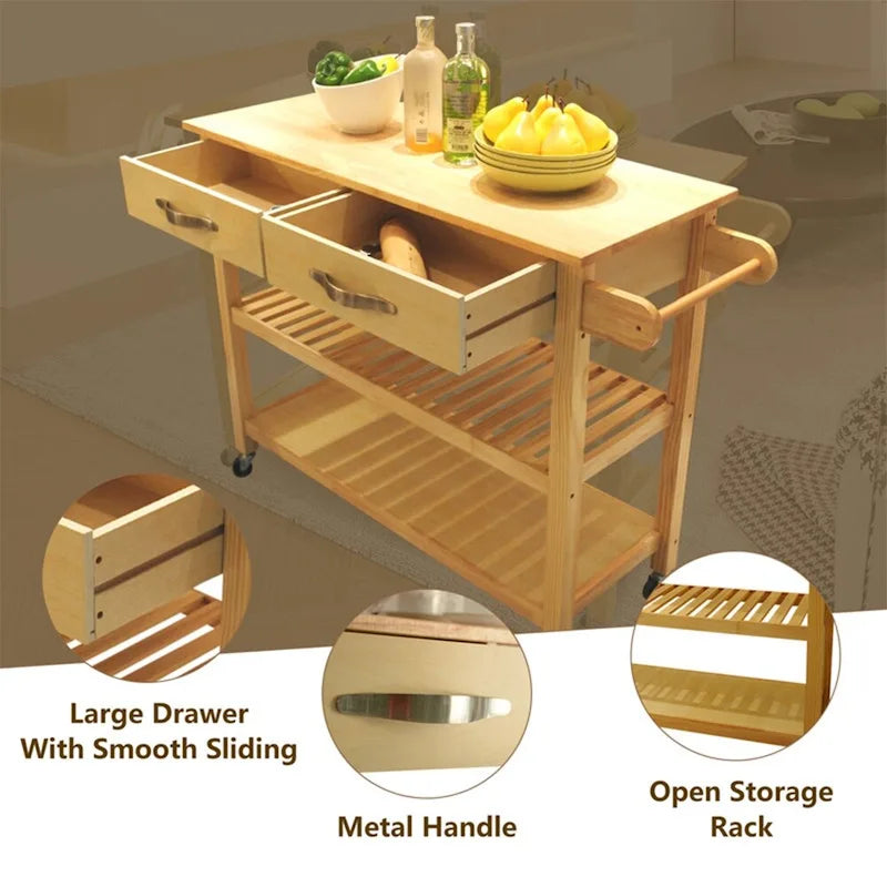 45-Inch Rolling Kitchen Island Cart with 2 Drawers and Open Storage Shelves - 45 x 17 x 35 inches