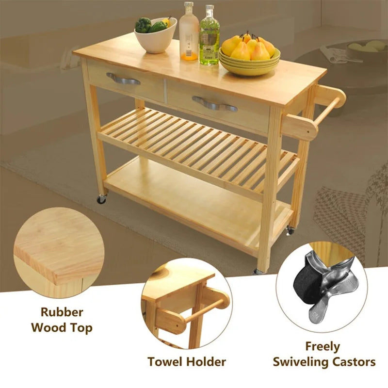 45-Inch Rolling Kitchen Island Cart with 2 Drawers and Open Storage Shelves - 45 x 17 x 35 inches