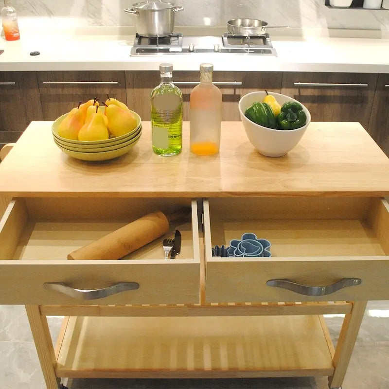 45-Inch Rolling Kitchen Island Cart with 2 Drawers and Open Storage Shelves - 45 x 17 x 35 inches