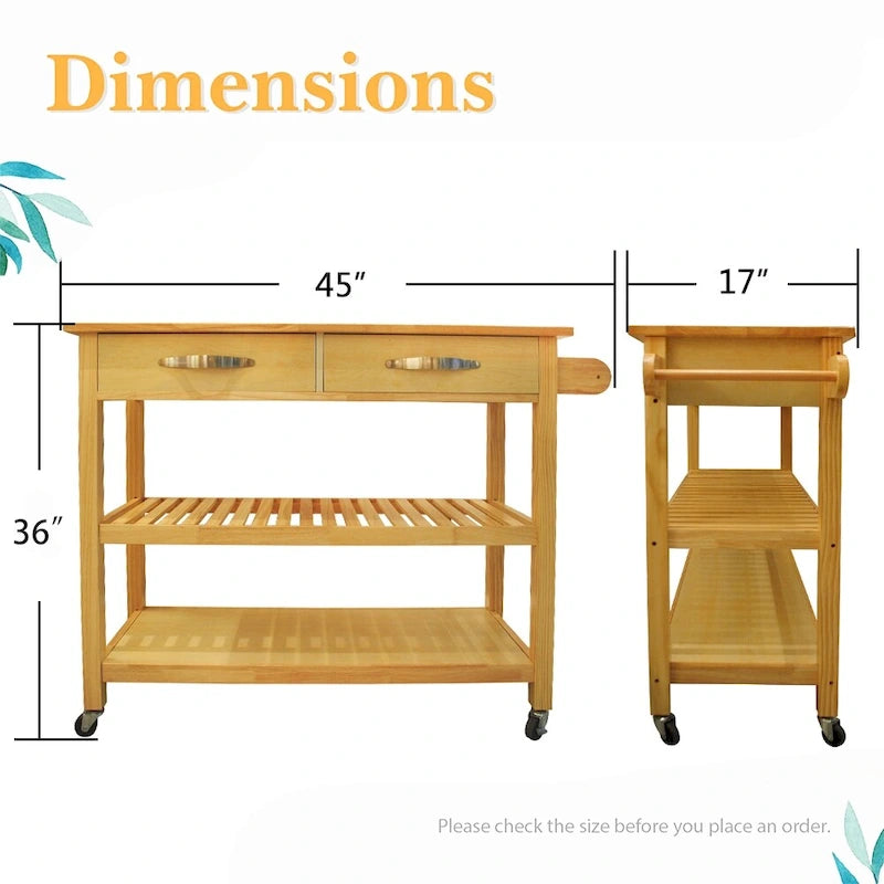 45-Inch Rolling Kitchen Island Cart with 2 Drawers and Open Storage Shelves - 45 x 17 x 35 inches