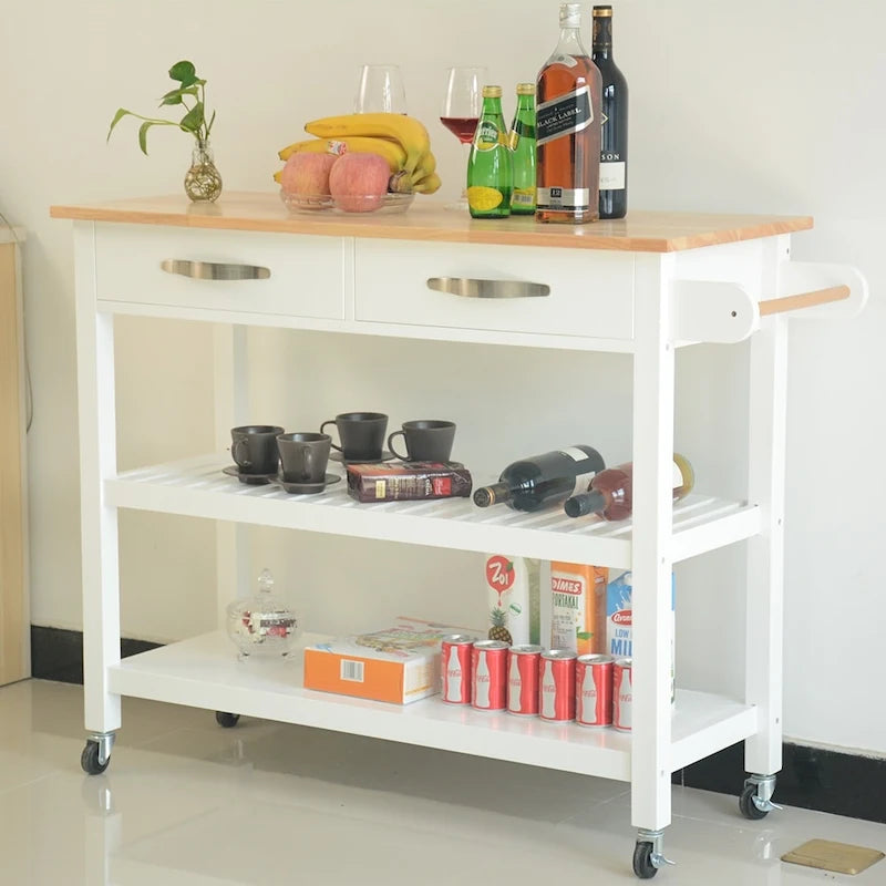 45-Inch Rolling Kitchen Island Cart with 2 Drawers and Open Storage Shelves - 45 x 17 x 35 inches