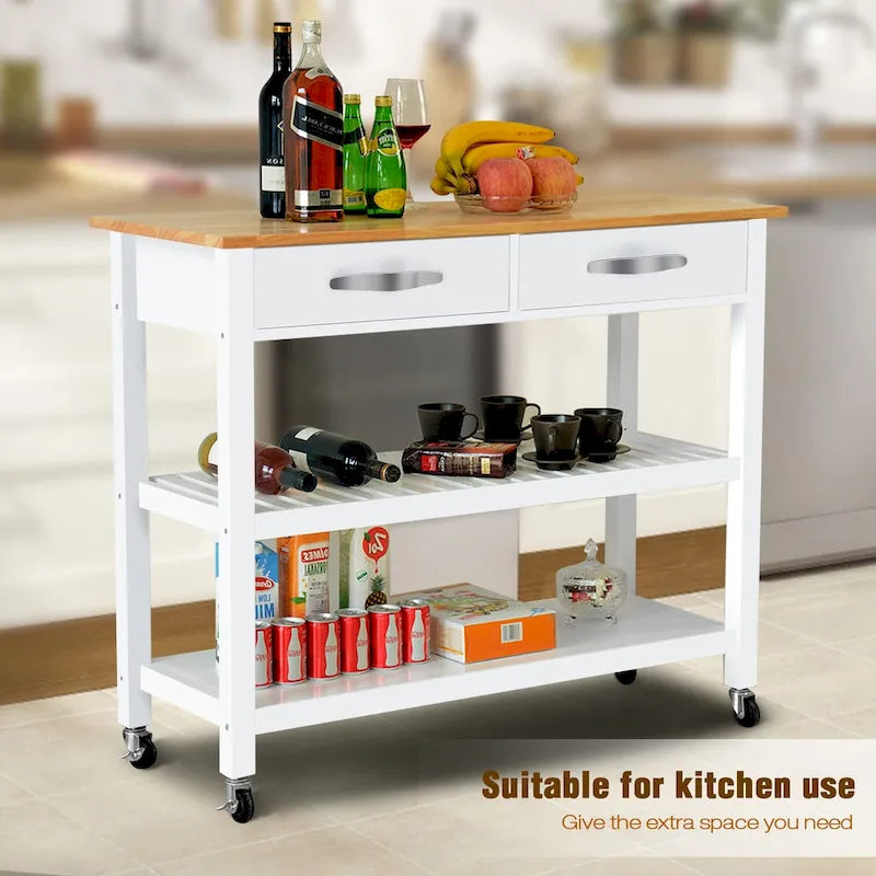 45-Inch Rolling Kitchen Island Cart with 2 Drawers and Open Storage Shelves - 45 x 17 x 35 inches