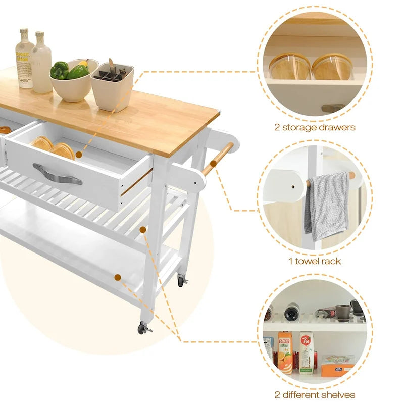45-Inch Rolling Kitchen Island Cart with 2 Drawers and Open Storage Shelves - 45 x 17 x 35 inches