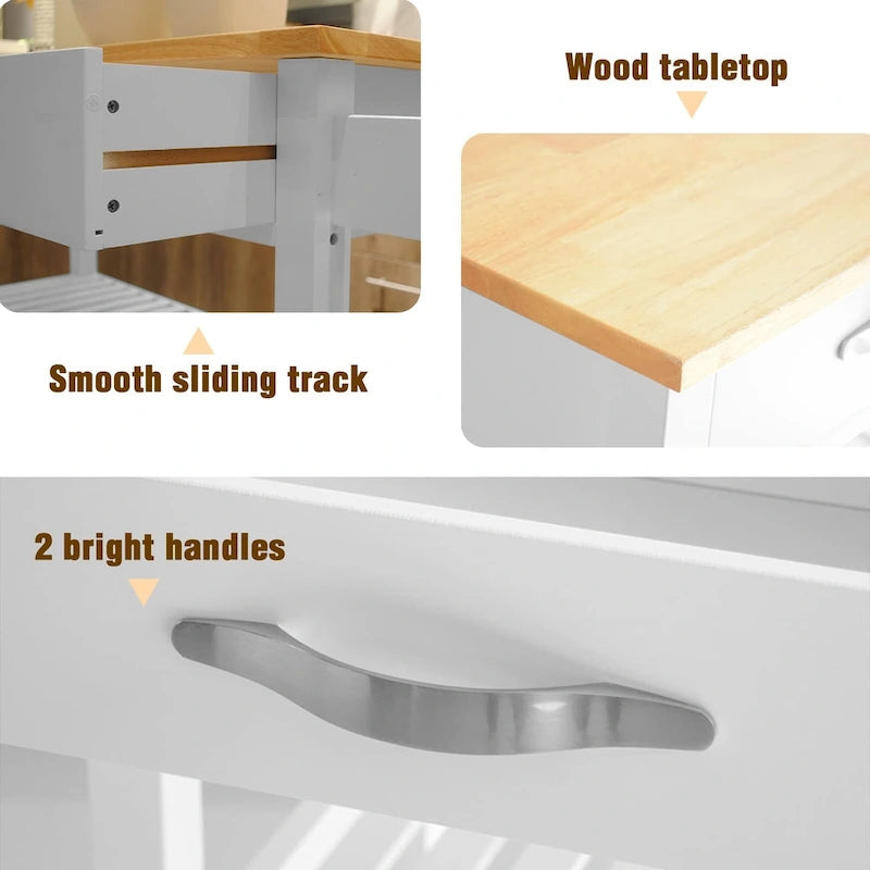 45-Inch Rolling Kitchen Island Cart with 2 Drawers and Open Storage Shelves - 45 x 17 x 35 inches