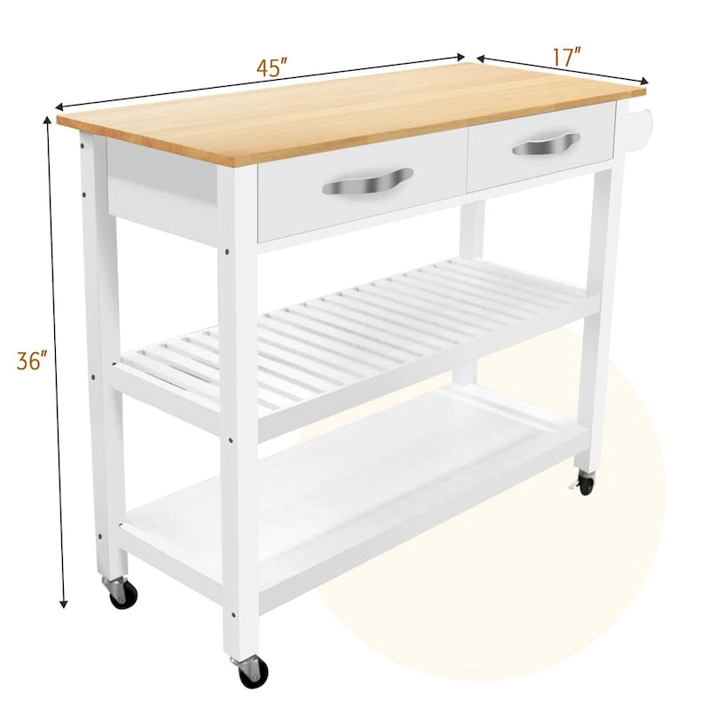 45-Inch Rolling Kitchen Island Cart with 2 Drawers and Open Storage Shelves - 45 x 17 x 35 inches