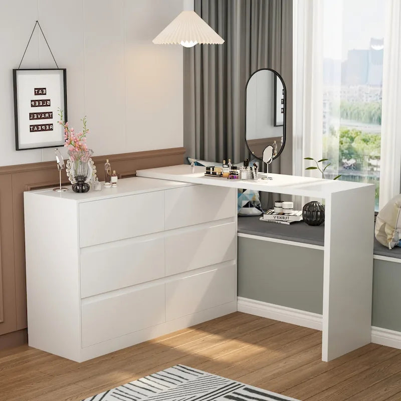 6-Drawer Dresser and Desk Vanity Combo in White - 51.2W x 32.7H inches