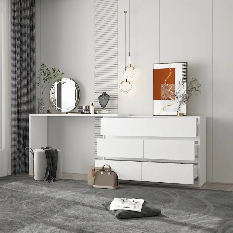 6-Drawer Dresser and Desk Vanity Combo in White - 51.2W x 32.7H inches