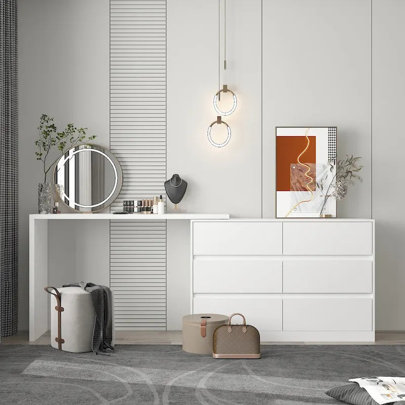 6-Drawer Dresser and Desk Vanity Combo in White - 51.2W x 32.7H inches